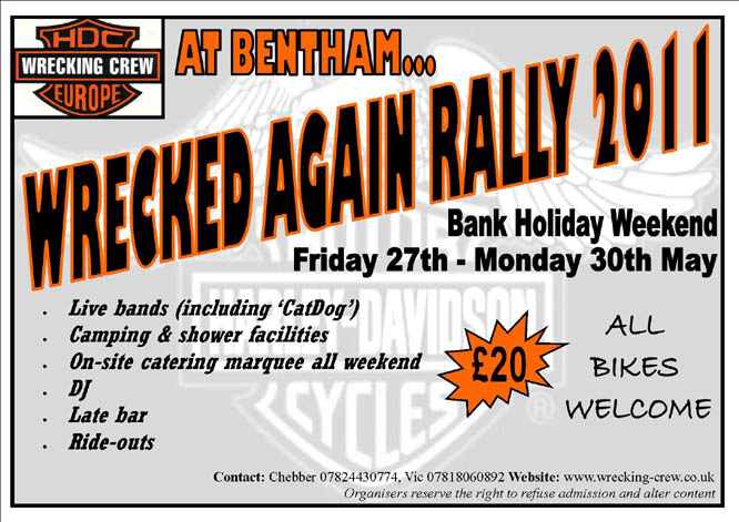 Click to download printable Adobe .pdf version of 2011 Wrecked Again Rally @ Bentham - printout and stick it up in your pub or club